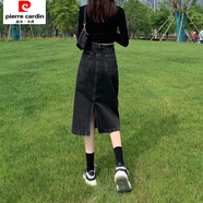 皮爾卡丹中長款半身裙女夏季復(fù)古小個(gè)子高腰顯瘦a字開叉包臀裙針織 灰黑色【新品】 M