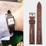 適配Casio卡西歐真皮表帶酒桶小紅表紅色LTP-1208E-9B2手表鏈14mm女士表帶配件 【竹節紋】棕色-銀色扣 14mm