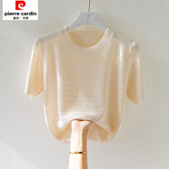 皮爾卡丹80-200斤冰絲短袖t恤女夏季鏤空寬松遮肚薄款洋氣小衫針織衫上衣 杏色 XL 【建議115-130斤】