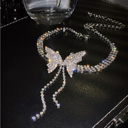 玲川choker項圈水鉆項鏈新娘蝴蝶結鎖骨鏈短款頸鏈女簡(jiǎn)約頸帶耳環(huán)套裝 翩翩飛舞滿(mǎn)鉆蝴蝶-項鏈