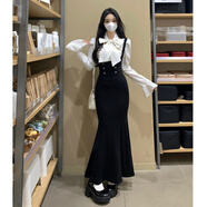 SELILECO春季穿搭女魚(yú)尾裙套裝2025新款大碼辣妹氣質(zhì)包臀魚(yú)尾背帶連衣裙女 黑色背帶裙白色襯衣 套裝 M 85斤-100斤