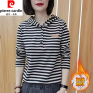 皮爾卡丹（pierre cardin）春秋季新款純棉長袖連帽t恤女短休閑百搭條紋體恤上衣打底衫顯瘦 黑杏條紋(加絨款) L (建議100斤-115斤)