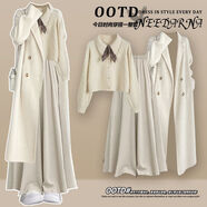 SELILECO冬天衣服女胖子穿搭一整套大碼女裝高端胖妹妹秋冬裝2024新款時(shí)尚 風(fēng)衣外套毛衣杏色裙褲 三件套 L 建議100-120斤