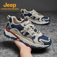 Jeep吉普春夏男鞋2024新款百搭透氣網(wǎng)面休閑運(yùn)動老爹鞋戶外登山鞋子男 深藍(lán)【升級款】 40