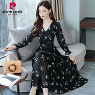 皮爾卡丹（pierre cardin）春秋裝新款過(guò)膝v領(lǐng)雪紡碎花超長(zhǎng)款大擺長(zhǎng)袖連衣裙真絲超仙長(zhǎng)裙女 黑色梔子花 M