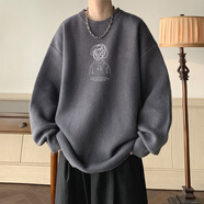 OEMG 圓領(lǐng)毛衣男女秋冬季加厚美式潮牌字母線(xiàn)衣寬松慵懶風(fēng)套頭針織衫 DSA336-1-FF619深灰色 2XL [建議140-160斤]