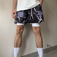 塵號美式籃球短褲潮牌不過(guò)膝寬松休閑潮流四分褲男運動(dòng)透氣速干訓練褲 黑色【假兩件】 2XL