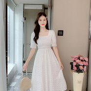 Carfie&Code名媛氣質(zhì)仙女裙夏季新款收腰顯瘦連衣裙蕾絲鉤花小白裙女百搭女裝 白色長(cháng)02款 S