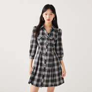 VEROMODA 連衣裙2023早秋新款七分袖復古格紋收腰A字裙短裙3233SZ005