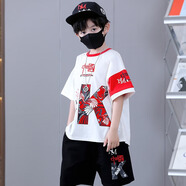 宇龍童話(huà)（elongstory）童裝短袖男童套裝帥氣中國風(fēng)男孩夏天國潮運動(dòng)兒童街舞衣服褲子 白色夏裝套裝+模特帽項鏈 130 碼建議身高1.2米左右