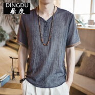 中國風(fēng)男裝棉麻T(mén)恤夏季寬松 漢服短袖古風(fēng)上衣中式復古亞麻T(mén)恤 盤(pán)扣灰色 盤(pán)扣款 M