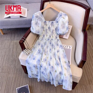 UKMR大碼泡泡袖方領褶皺碎花連衣裙女夏季新款微胖MM高腰顯瘦短袖裙子 藍色【加里面料】 2XL 【建議126-150斤】