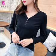 緣夢(mèng)韻2025春夏季薄款長(cháng)袖v領(lǐng)t恤女白色打底衫黑色秋衣韓版內搭體恤上衣 洋氣黑色紐扣 XL _建議110-125斤