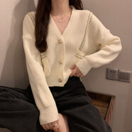 巧除休閑秋季新款法式小香風(fēng)V領(lǐng)短款毛衣女復古寬松長(cháng)袖針織開(kāi)衫外套 白色雙肩鏈條毛衣 L  建議105斤-115斤