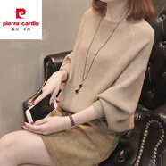皮爾卡丹春秋裝新款蝙蝠衫套頭寬松上衣顯瘦純色織衫蝙蝠袖氣質(zhì)毛衣女 杏色 80-140斤可穿