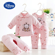 迪士尼（Disney）品牌新生嬰兒棉衣套裝冬季男寶寶衣服0-1歲女棉襖背帶三件套外出 YTE翻領(lǐng)小熊三件套粉色 80碼(6-12個月)