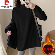 皮爾卡丹（pierre cardin）半高領(lǐng)德絨打底衫女秋冬中長(zhǎng)款寬松加絨加厚內(nèi)搭保暖長(zhǎng)袖T恤上衣 黑色 S 建議95斤以內(nèi)