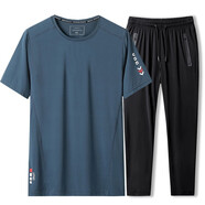 謙陌大碼短袖T恤男士加肥加大寬松t恤男夏季彈力冰絲速干運動(dòng)胖子汗衫 棕藍色套裝 L （100-120斤）