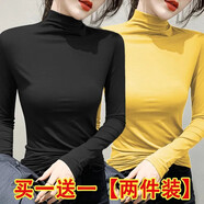 純子兮品半高領(lǐng)打底衫女2024新款秋冬韓版修身內搭顯瘦長(cháng)袖t恤女打底上衣 黑色+黃色  M建議95-105斤