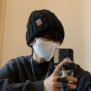 目丸帽子男士秋冬季毛線(xiàn)帽加絨保暖百搭冷帽寬松大頭圍顯臉小針織帽男 黑色小標【加絨加厚】