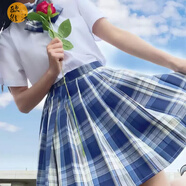 jk制服格裙全套女JK學(xué)生裙子夏季日系少女制服百褶裙短裙學(xué)院風(fēng)半身裙歐維沃 咩啊 短袖襯衫+格裙+領(lǐng)結(jié) S