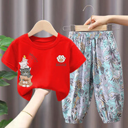 GOOFLORON兒童夏季套裝2026新款純棉短袖T恤男童女童寶寶洋氣上衣兩件套潮 紅色T恤+藍色防蚊褲 80 cm