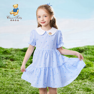 Classic Teddy女童連衣裙兒童公主裙中大童裝薄款淑女裙夏裝新款裙子兒童節(jié)禮物 愛心格子裙藍(lán)色 120
