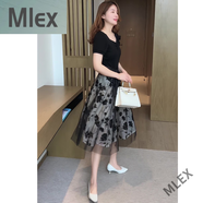 MLEX洛依戀服飾喬宛假兩件連衣裙網(wǎng)紗收腰短袖時尚顯瘦氣質(zhì)裙 黑色【圖片同款】 M【建議90-100斤】