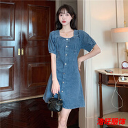 口旋減齡氣質(zhì)假兩件牛仔連衣裙女夏季薄大設(shè)計(jì)感收腰顯瘦背帶短裙 藍(lán)色短/袖短/款連衣裙單 XL 建議115-125斤