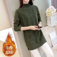 東方鴨羊毛衫女加絨加厚毛衣女中長款寬松韓版半高領(lǐng)大尺碼針織打底衫 墨綠色加絨加厚 XXL【130-139斤】