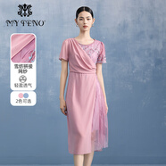 MY TENO拼接雪紡刺繡網(wǎng)紗連衣裙短袖收腰長(cháng)裙禮裙2024春夏新品 粉色 L