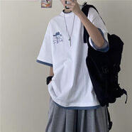 毅訫假兩件短袖男生百搭夏季t恤情侶純棉寬松半袖衣服潮牌五分半截袖 白色 XL 建議120-145斤