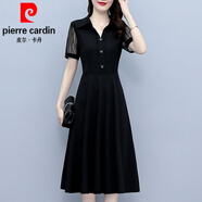 皮爾卡丹（pierre cardin）大l碼黑色連衣裙女夏裝2024新款高貴氣質(zhì)中年媽l媽洋氣減齡短袖裙 黑色 2XL 【128-142斤】
