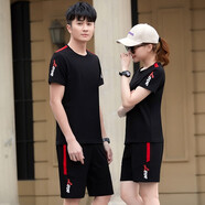 特司萊 運(yùn)動(dòng)套裝圓領(lǐng)T恤夏季休閑跑步服兩件套短袖短褲健身晨跑情侶套裝 黑色 3XL碼-女款【125-130斤】