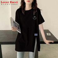 LOVER RUCCI黑色下擺開(kāi)叉短袖t恤女夏季2025新款純棉寬松長(cháng)t中長(cháng)款遮屁股上衣 黑色開(kāi)叉-笑臉 M 95-115斤