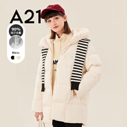 A21秋冬時尚連帽羽絨服女加厚加絨保暖輕薄中長款面包服寬松氣質外套 米杏 S