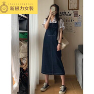細熙女裝小眾小個(gè)子深藍色牛仔背帶裙女秋季薄款寬松高腰中長(cháng)款復古吊 深藍色 優(yōu)質(zhì)面料 S