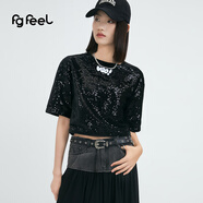 普普風(fēng)2024年夏季女裝新品運(yùn)動風(fēng)珠片短箱上衣PA1C20691S 黑色 M