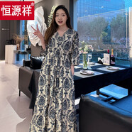 恒源祥棉綢連衣裙女夏日收腰薄款甜美碎花V領(lǐng)大擺人造棉度假沙灘長(cháng)裙子 青花瓷(口袋版)藍 2XL 裙長(cháng)135cm 172高內