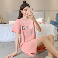 奧蜜雪睡裙女夏純棉短袖韓版薄款甜美休閑中裙寬松大碼睡衣女夏天全棉家居服 Q-1537 M（85-105斤）