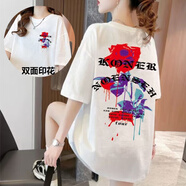 吉莞美短袖t恤女圓領(lǐng)休閑中長款韓版雙面印花潮寬松短袖上衣女夏季 中長款t恤*玫瑰油墨花【雙面印】 均碼 80-150斤左右可穿