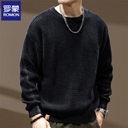 羅蒙高端美式粗針重磅復古毛衣男士秋冬季寬松打底衫痞帥圓領(lǐng)針織衫潮 2308黑色毛衣 3XL