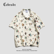 Cebrodz法國(guó)花襯衫男夏季短袖休閑寬松免燙定制印花襯衣 米白色（偏大） M