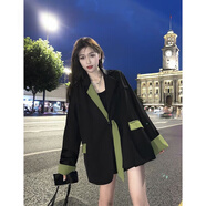 春乏甜酷長(cháng)袖西裝外套女2025春秋新款設計感撞色飄帶寬松中長(cháng)款小西服 黑色拼接西裝 L [110-125斤]