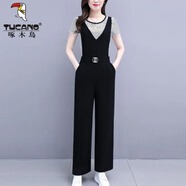 啄木鳥(niǎo)闊腿背帶褲套裝女夏2024新款黑色氣質(zhì)小個(gè)子感減齡九分連體褲 條紋上衣+背帶褲 M 80-100斤