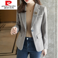 皮爾卡丹針織格子西裝外套女短款韓版英倫風(fēng)2021秋冬今年流行高級感毛呢小 咖格西裝 L