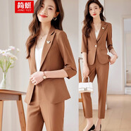簡(jiǎn)蜓小西裝外套女春夏新款氣質(zhì)修身高級感職業(yè)西服連衣裙套裝氣質(zhì)正裝 棕西裝+褲子（配胸針） S