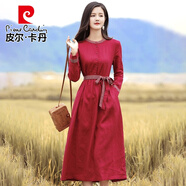 皮爾卡丹春秋棉麻連衣裙女裝胖女生時(shí)尚文藝法式大擺裙復(fù)古高端亞麻A字長 酒紅色 L 【105-120斤】