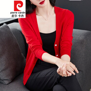 皮爾卡丹輕奢高端女裝純色寬松羊毛衫女小開衫百搭毛衣外套女短款薄款外搭針織披肩針織 樂大紅 S
