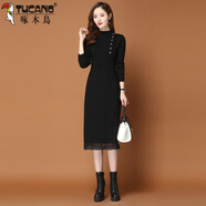 啄木鳥(niǎo)2024年早秋新款女裝配大衣修身長(zhǎng)款毛衣裙春秋長(zhǎng)袖針織冬季連衣裙 8888黑色 3XL